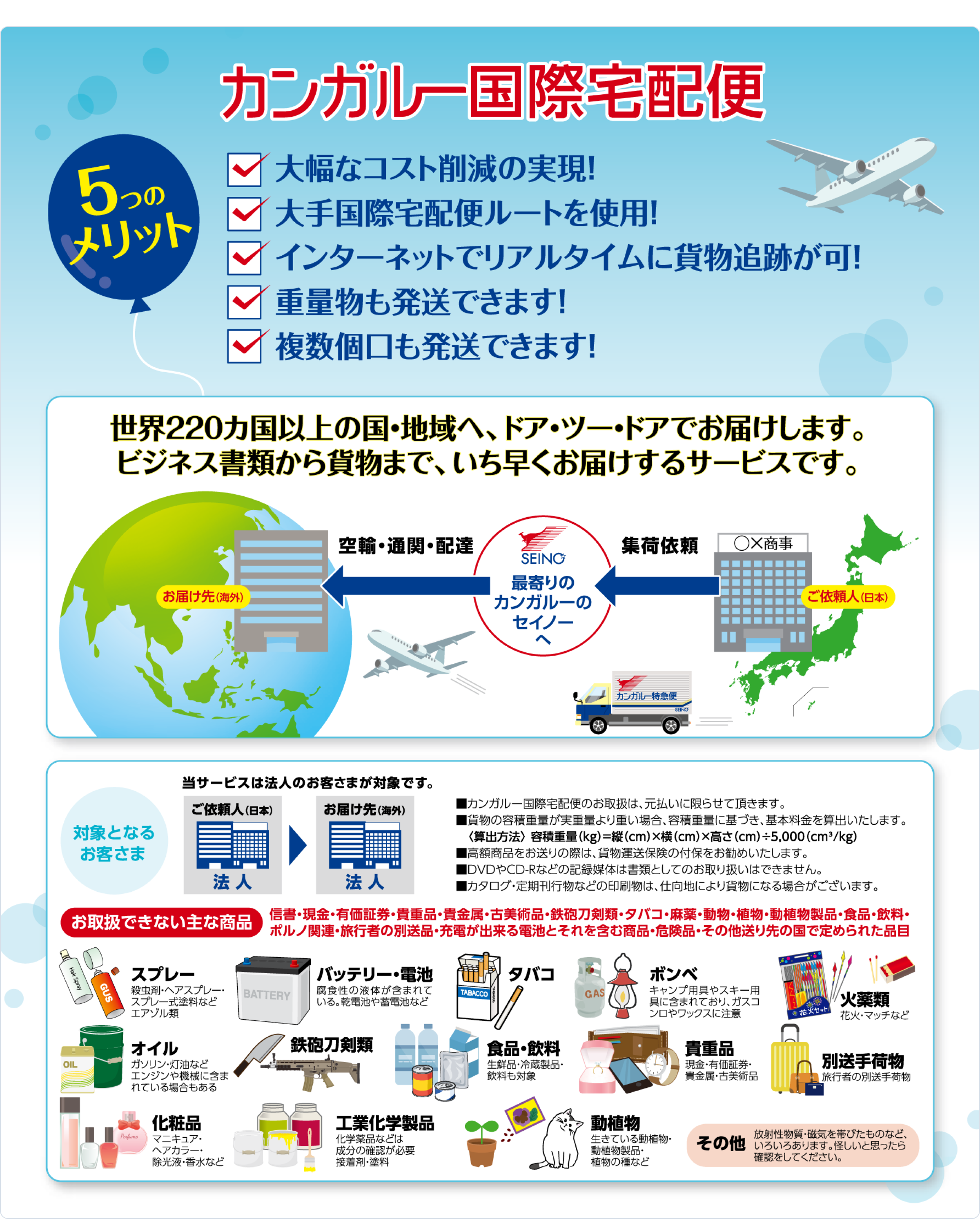 国際宅配便は、法人のお客さまが対象となるサービスです。お取り扱いできない主な商品は、スプレー、バッテリー、化粧品などです。