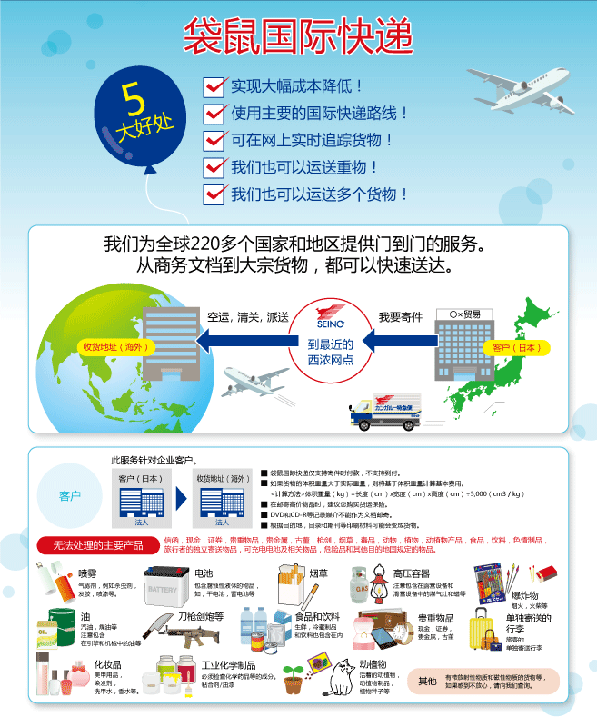 国际快递服务仅面向企业客户。我们无法处理的物品包括喷雾剂、电池和化妆品。