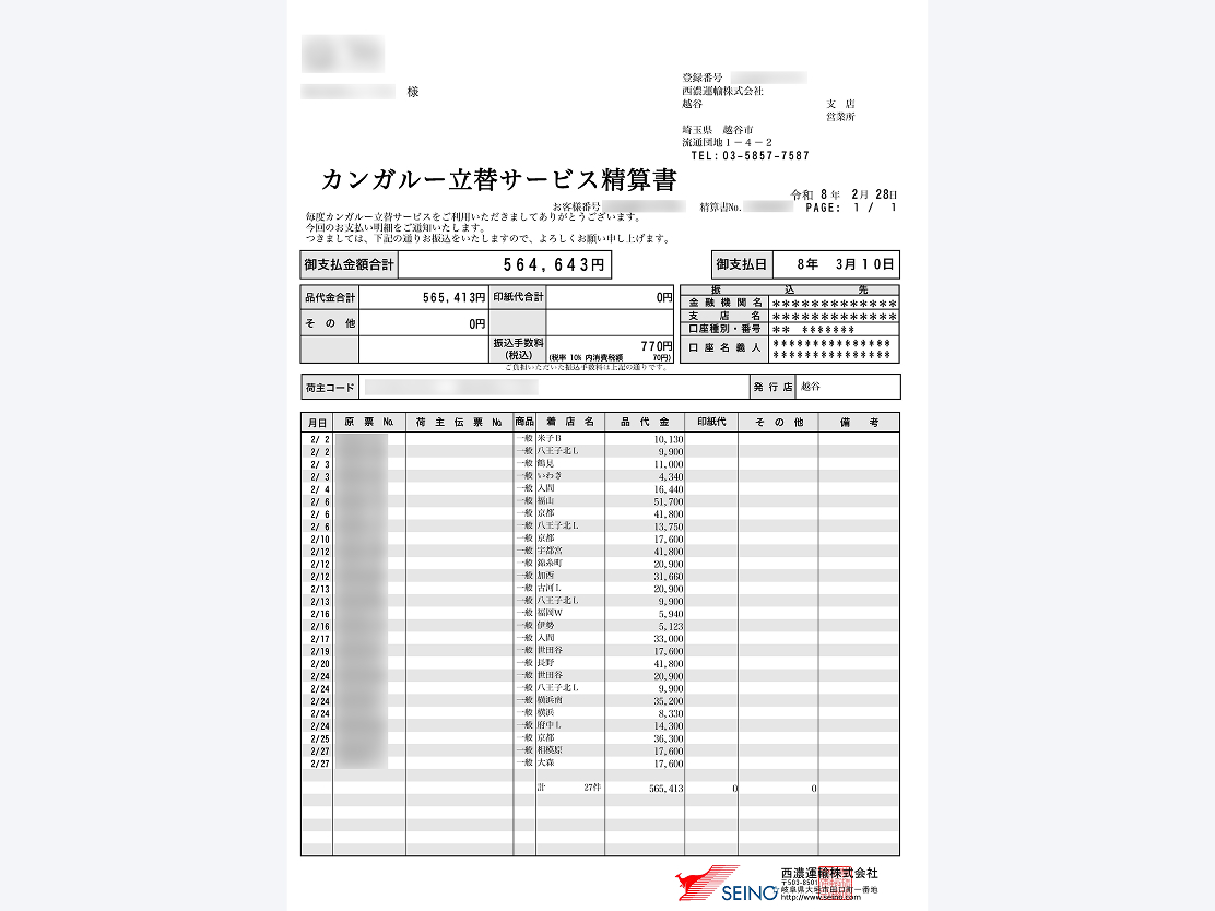 カンガルー立替サービスの内容表示詳細画面